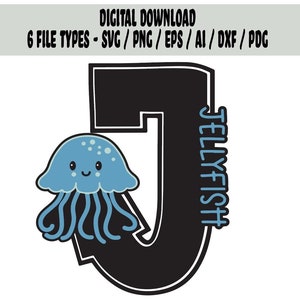 J é para letra de animal de água-viva Download digital para máquinas de corte Cricut Silhouette e Lazer/ arquivo SVG/arquivo png pdf ai esp arquivo dxf