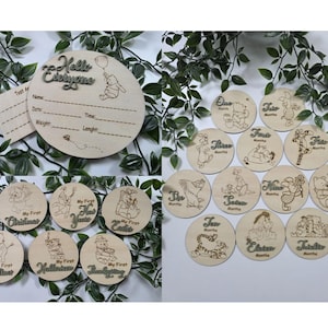 Wooden Baby Birth Announcement and Monthly Milestone Photo Prop Disk Bundle,Baby first holiday, baby monthly milestone photo disc