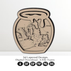 Descarga digital de corte láser en capas 3D/SVG en capas cortado con láser/Archivo cortado con láser/SVG en capas 3D/Archivo DXF en capas 3D/Oso en capas/Oso y amigos