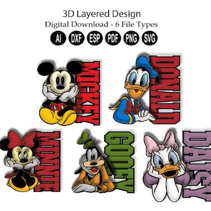 Ratón cortado con láser en capas 3D Descarga digital/SVG cortado con láser en capas/Archivo cortado con láser/SVG en capas 3D/DXF en capas 3D/SVG de amigos del ratón en capas 3D