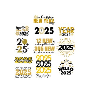 Nieuwjaar 2025 digitale downloadbestanden voor snijmachines / 12 nieuwe hoofdstukken svg / hallo 2025 svg /