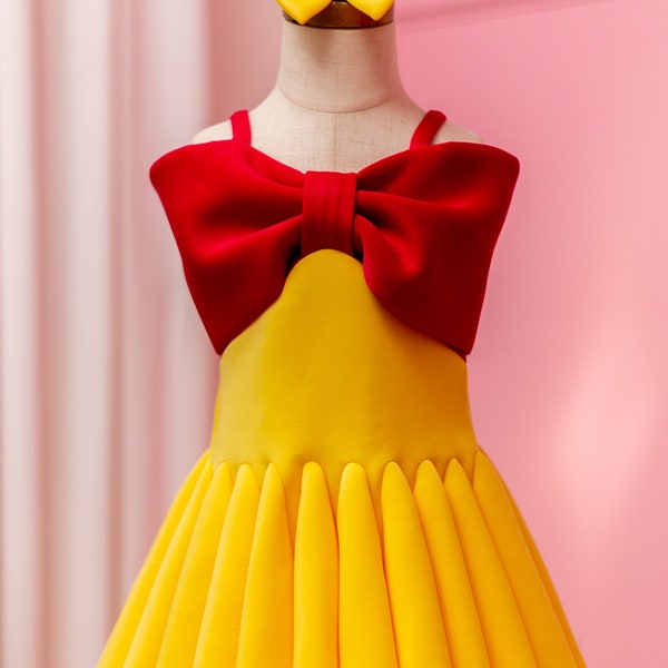 Adorable Big Bow Girl Twirl Dress, Girl Pleated Skirt Dress, Pink and yellow, Interview dress, Pageant dress, Tea Party, Bow dress
