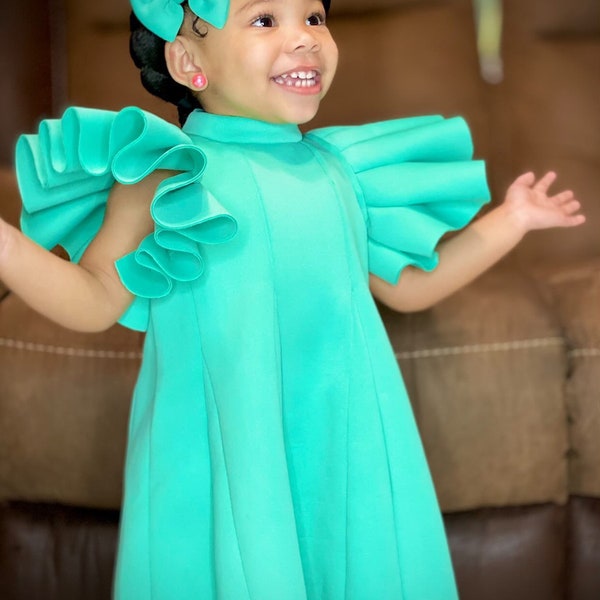 Girl's Ruffled Puff Sleeve Dress With Matching Hair Piece, Flower Girl Dress, Tea Party Dress, First Birthday Dress, Toddler Formal Dress