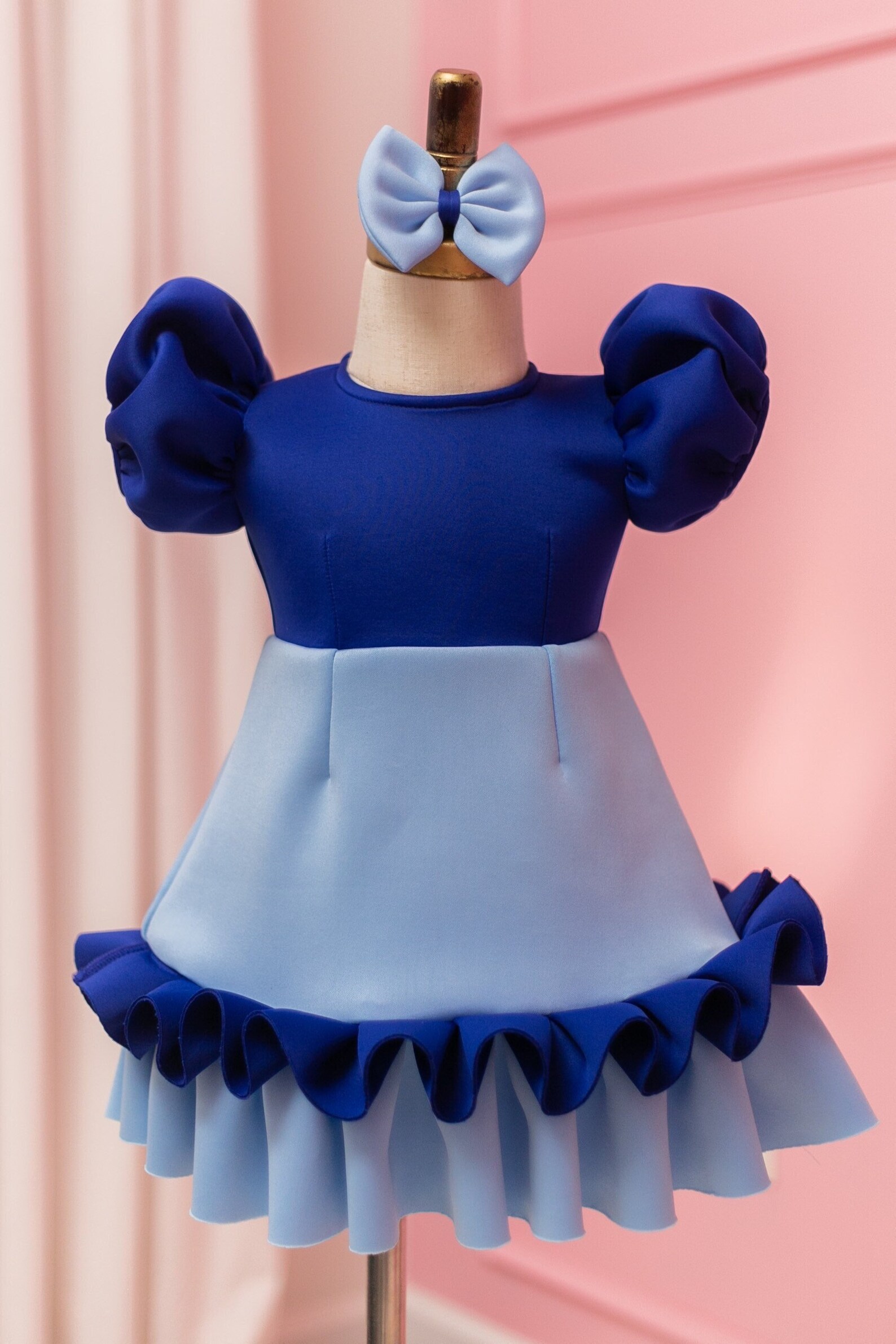 Sky Blue Girl Dress, Blue Baby Girl 1st Birthday Outfit, Bubble Sleeve