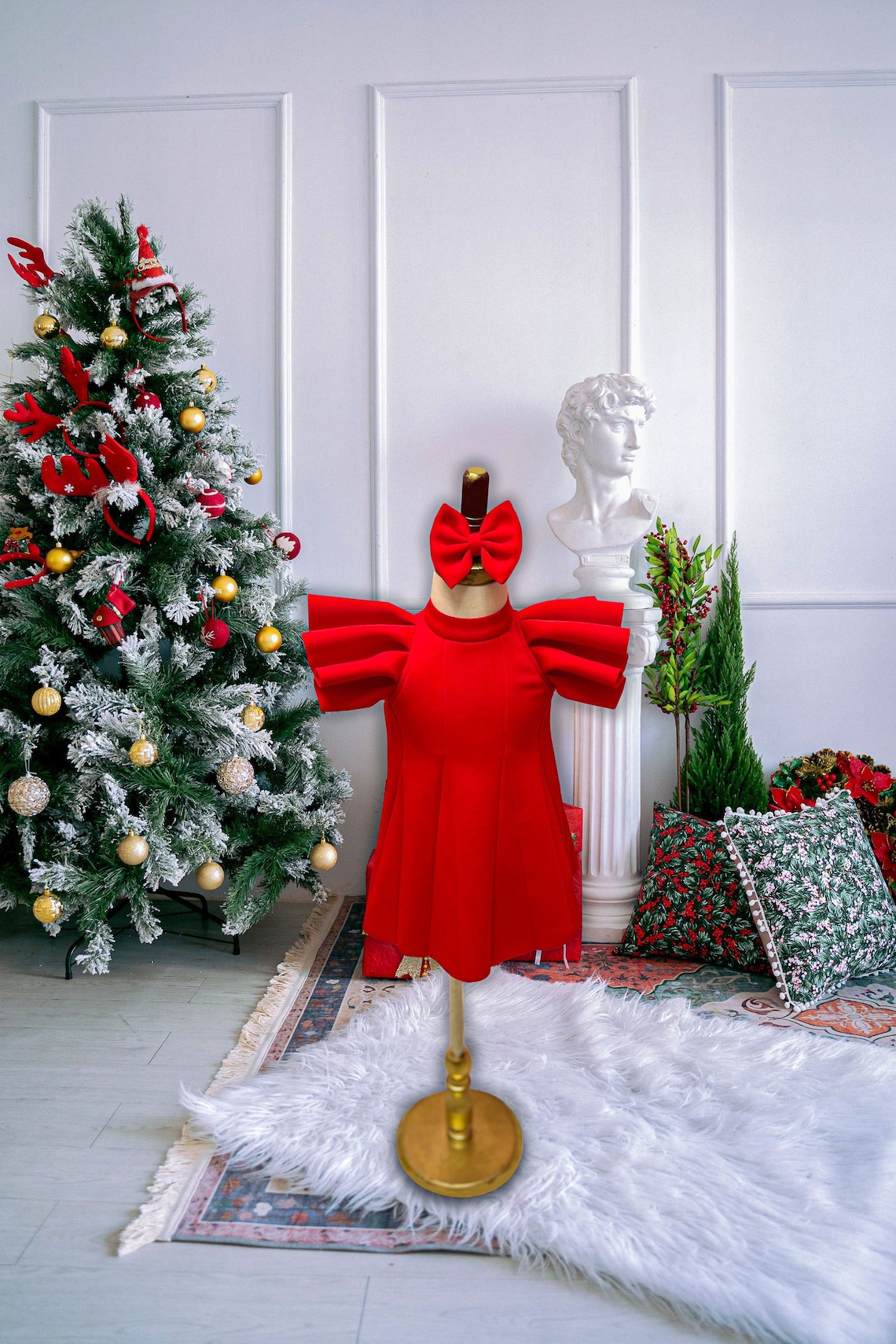 Sophie & Lucas Girls Red Merrymaker Christmas Dress - V-Back and Bow