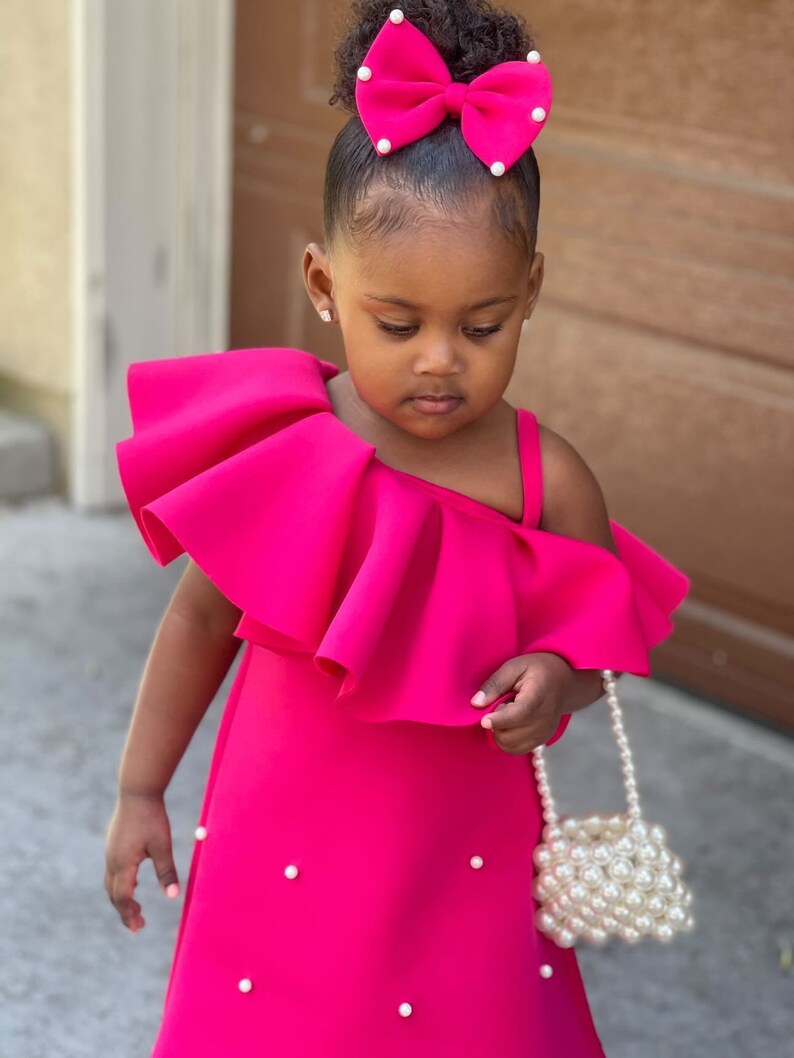 Pearl Dress for Girls, Toddler Pink Birthday Dress, One Shoulder Dress