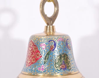 Hanging Brass Bells Multi Color 5-Inch, Engraved Meenakari Work, Pu Coating