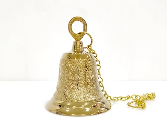 Hanging Brass Bells Golden Color 7-Inch, Engraved Meenakari Work, Pu Coating