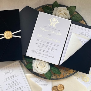 Black Velvet Wedding Invitation Sample: Gold Foil Letterpress Monogram
