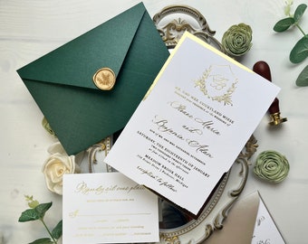 Sample Pack - Emerald Green Envelope & Gold Foil Stamping Foil Edging Wedding Invitations with Wedding Monogram Crest 507