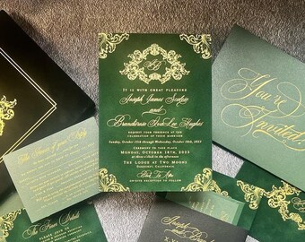 Sample Pack - Dark Green Velvet Gold Foil High-End Luxury Wedding Invitations with Baroque Monogram B&J