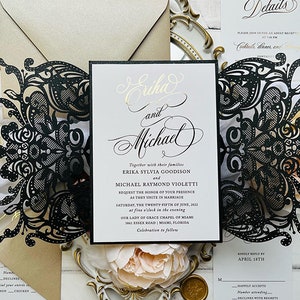 Sample Pack Black King Lace Lasercut Gatefold Wedding Invitations with Real Gold Foil image 5