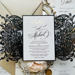 Sample Pack - Black King Lace Lasercut Gatefold Wedding Invitations with Real Gold Foil