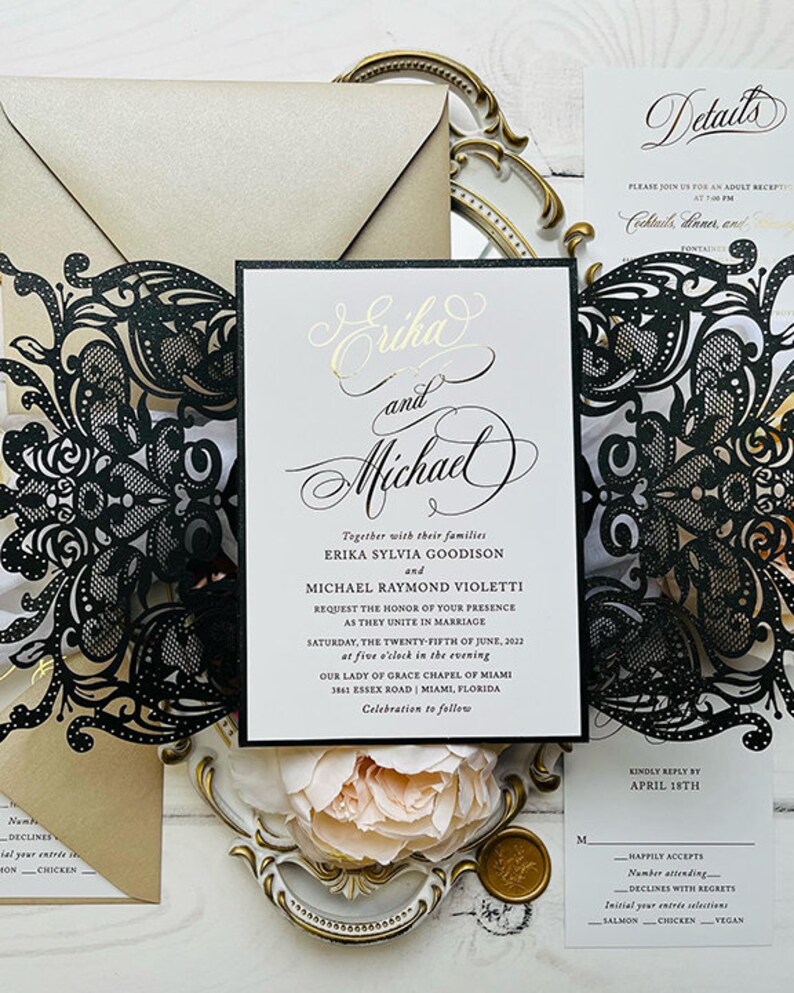 Sample Pack Black King Lace Lasercut Gatefold Wedding Invitations with Real Gold Foil image 5