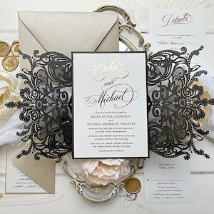 Sample Pack Black King Lace Lasercut Gatefold Wedding Invitations with Real Gold Foil image 1