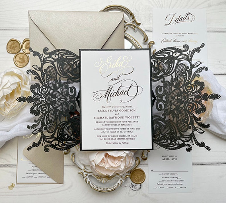 Sample Pack Black King Lace Lasercut Gatefold Wedding Invitations with Real Gold Foil image 1