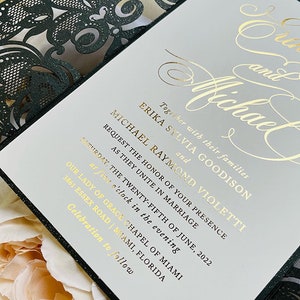 Sample Pack Black King Lace Lasercut Gatefold Wedding Invitations with Real Gold Foil image 3