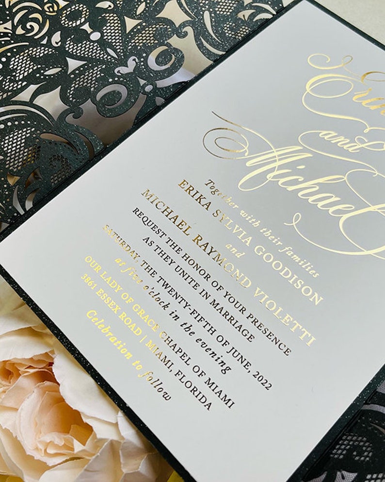 Sample Pack Black King Lace Lasercut Gatefold Wedding Invitations with Real Gold Foil image 3