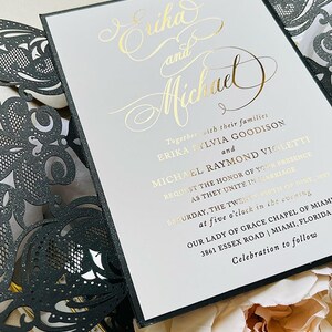 Sample Pack Black King Lace Lasercut Gatefold Wedding Invitations with Real Gold Foil image 2