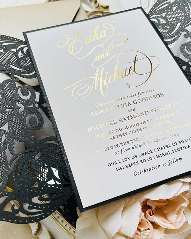 Sample Pack Black King Lace Lasercut Gatefold Wedding Invitations with Real Gold Foil image 2