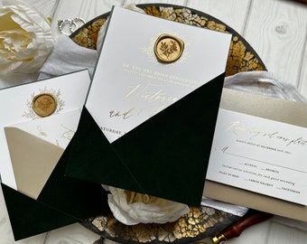 0 Sample Packs Left - Modern Chic Velvet Emerald Green Angled Pocket Foil Stamping Botanical Wedding Invitation Suite