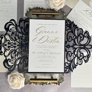 Sample Pack - Gold Foil Script Wedding Invitations with Black Lasercut Lace Gatefolds - Opal Envelopes