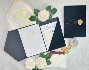Sample Pack - Black Velvet Chic & Stylish Angle Pocket Gold Foil Wedding Invitation Suite