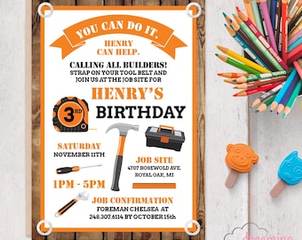 Builder Tools Construction Birthday Invites - Digital File or Print
