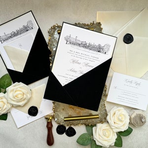 Sample Pack - Black Velvet Angled Pocket Venue Drawing Wedding Invitation Suite with Cream Layer & Envelopes - Meadow Brook Hall