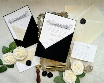Black Velvet Wedding Invitation Sample: Venue Drawing, Cream Envelopes