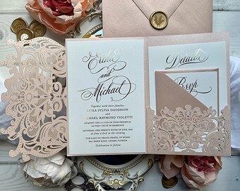 Sample Pack - Blush King Lace Lasercut Pocket Wedding Invitations with Real Gold Foil