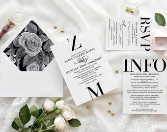 Modern Initials Wedding Invitations: Black & White Template (Digital File)