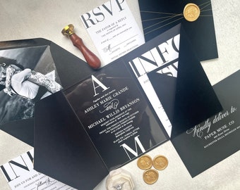 Sample Pack - Velvet & Acrylic Pocket Wedding Invitations | Modern Black and White Luxury Invites - 303