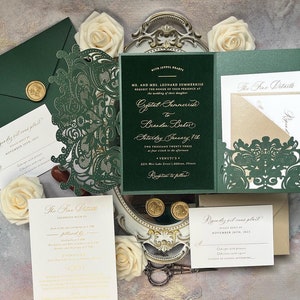 Sample Pack - Emerald Green and Gold King Lasercut Pocket Velvet Wedding Invitations