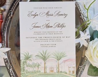 Pelican Club Watercolor and Gold Foil Wedding Invitations | Sample Pack | Jupiter, Florida