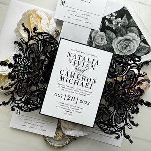 Sample Pack - Chic and Glamorous Black and White Lace Gatefold Wedding Invitations