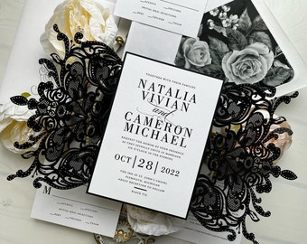 Sample Pack - Chic and Glamorous Black and White Lace Gatefold Wedding Invitations