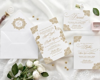 Peacock Indian Wedding Invitations: Gold Motif Template (Digital File)