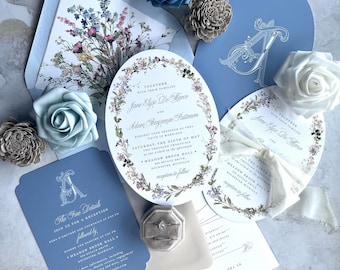 French Garden Wildflower Oval Wedding Invitations