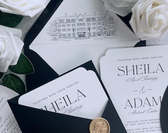Chic Black and White Wedding Invitations with Angled Jacket and Gold Wax Seal