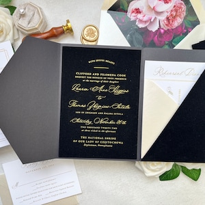 Sample Pack - Black Velvet Wedding Invitation with Stylish Velvet Pocketfold & Gold Foil Stamping