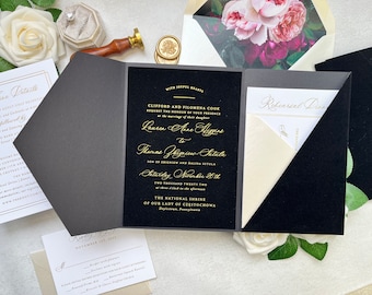 Sample Pack - Black Velvet Wedding Invitation with Stylish Velvet Pocketfold & Gold Foil Stamping