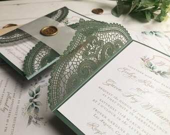 Sample Pack - Emerald Green Shimmer Lasercut Gatefold Wedding Invitations