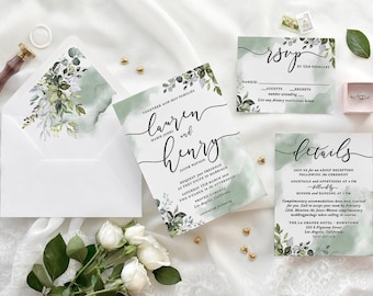 Holly Wedding Invitations: Modern Greenery Template (Digital File)