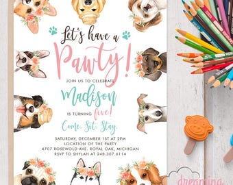Pawty Dog Paw-ty Puppy Birthday Invites - Digital File or Print