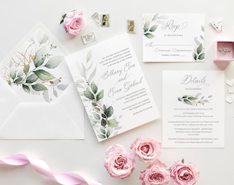 Greenery Gold Eucalyptus Wedding Invitation Suite (Digital File)