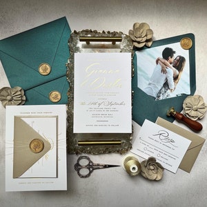 Sample Pack - Gold Foil Script Wedding Invitations with Deep Teal Shimmering Envelopes - Blue-Green Envelopes