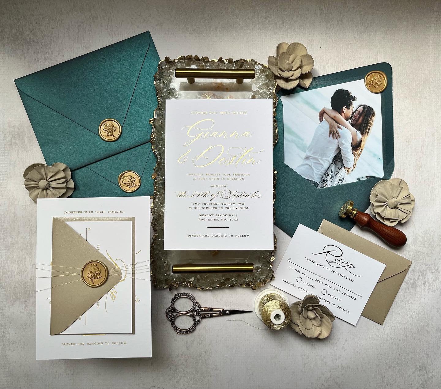 Sample Pack - Gold Foil Script Wedding Invitations with Deep Teal Shimmering Envelopes - Blue-Green Envelopes