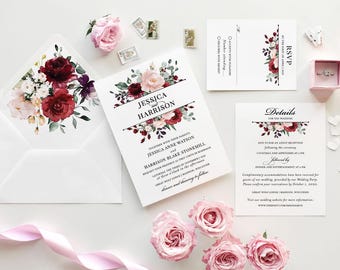 May include: Wedding invitation suite with a floral design featuring burgundy and blush pink flowers. The invitation includes the names "Jessica Harrison" and "Harrison Blake Stonehill" and the date "October 1, 2022".