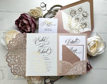 Sample Pack - Blush Roses Lace Lasercut Pocket Wedding Invitations with Real Gold Foil